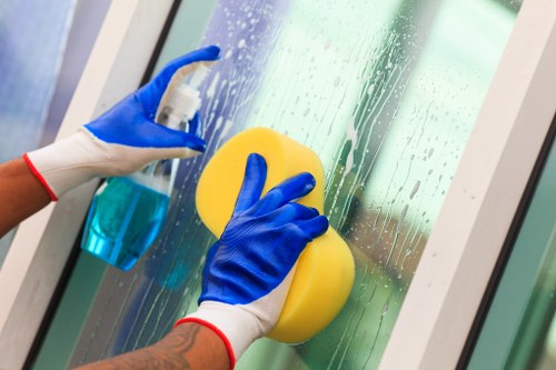 Professional cleaning team managing equipment and floor safety