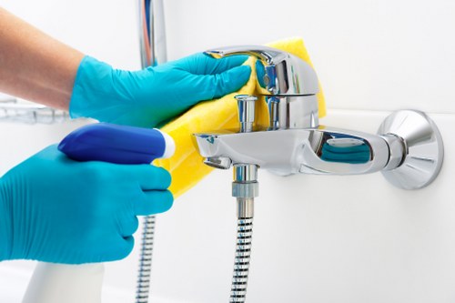 Cleaner applying a safe treatment during carpet cleaning service