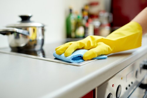 Staff carrying out a carpet cleaning risk assessment in a property